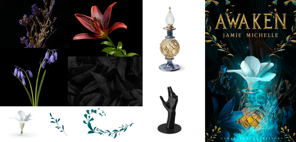 Stock photos and resources used to make the cover, including flowers, a perfume bottle, a hand, and decorative elements.